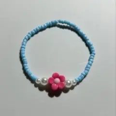 水色 花 ビーズブレスレット 海外ガール パールビーズ ハンドメイド 約17cm