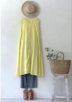 シサム　お花の手刺繍　ビタミンイエロー ノースリーブ シャツワンピースのサムネイル
