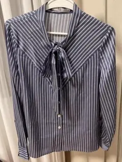 ストライプ リボン付き長袖ブラウス