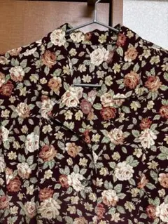 レトロ花柄ワンピース ボルドー 開襟 半袖 日本製 ヴィンテージ M 90s