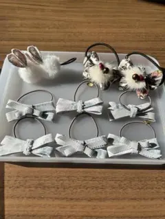 ウサギと花柄リボンヘアゴムセット