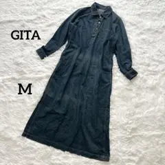 GITA デニムワンピース ロング丈 濃紺 バックスリット ボタン ポケット M