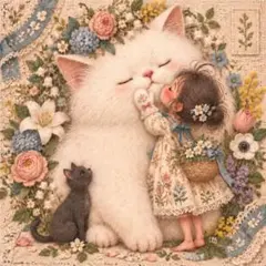 1109　猫柄　パネル生地　白猫と黒猫と女の子の小さな物語　いのみパネル
