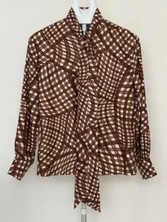 TORY BURCH シルクツイルボウタイブラウス ブラウン チェック柄のサムネイル
