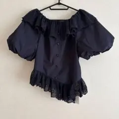 【新品未使用】Heather アシメヘムレーストリムブラウス 半袖 ネイビーのサムネイル