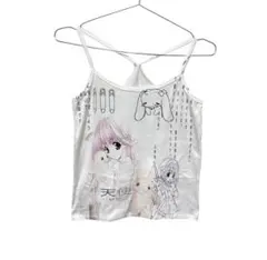 Y2K 天使プリント キャミソール 白 アニメ柄 クロスストラップ