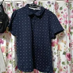 美品ネイビー ポロシャツ 半袖 小柄模様