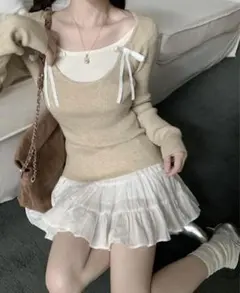 リボン付きベージュニットセーター