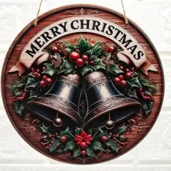 ツインベルと柊の木製プレート　クリスマス　直径２０㎝　紐（１本）付属　新品