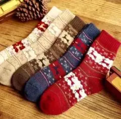 【5足】トナカイ　靴下　ソックス　冬　クリスマス　あったか　厚手　北欧