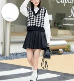 ハウンドトゥースパターン ニットベスト Sサイズ