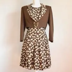레트로 セットアップ 원피스 バックリボン 花柄 ボレロ 茶色