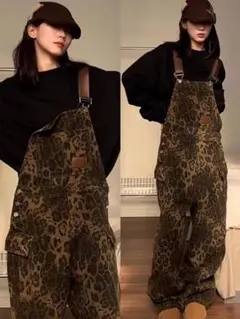 オーバーオール つなぎ サロペット ゆったり レオパード ヒョウ柄 作業着