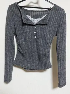 リブ編みオフショルダー長袖ニット グレー