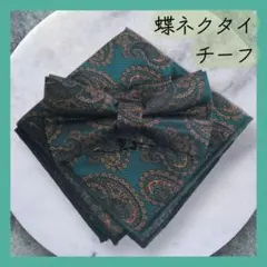 蝶ネクタイ　2点セット　チーフ　青緑　ペイズリー　結婚式　成人式　スーツ　za