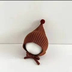 ​ベビー ボンネット ニット帽 赤ちゃん 帽子 とんがり リブ編み ポンポン 茶