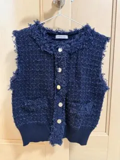 ネイビー フリンジ ベスト ゴールドボタン