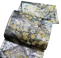 AA23袋帯 六通華文柄 引箔 若松蒔絵 松皮菊聚文 金銀彩糸　正絹 着物