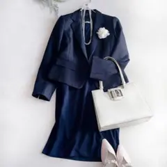 紺系　大きめ✨　綺麗めフォーマル　ノーカラー　ジャケット　ワンピース　セット　L