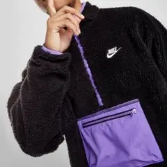 古着 NIKE ボアフリース ハーフジップ センターポケットブルゾン 黒紫XL