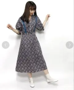 パラビオン レース 花柄 ワンピース パール 五分袖 半袖 ブルーグリーン