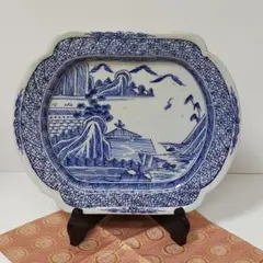 中古美品✨九谷焼 宮内庁御用達 長左窯 青華祥瑞小紋 輪花長皿✨中皿