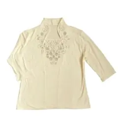 【新品未使用】ラインストーン装飾五分袖カットソー アイボリー スタンドカラー