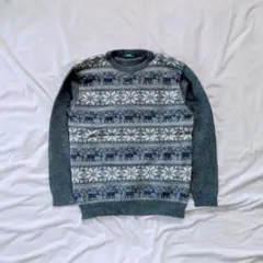 メンズ カジュアル ニットセーター トナカイ 雪柄 ノルディック柄 グレー L