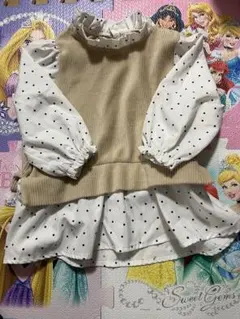 レイヤードトップス 90cm ベージュ×白ドット