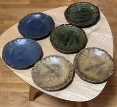 作家　陶芸作家　渋色葉型皿　変形皿　緑釉　青釉　6枚　工芸品　葉型皿　織部 作家 陶芸作家 渋色葉型皿 変形皿 緑釉 青釉 6枚 工芸品 葉型皿 織部