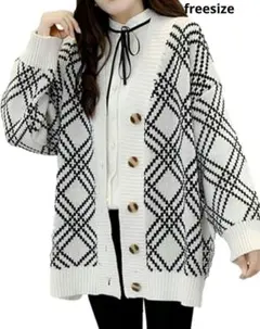 ニットカーディガン♡ダイアゴナルチェック柄 オーバーサイズ 秋冬 free