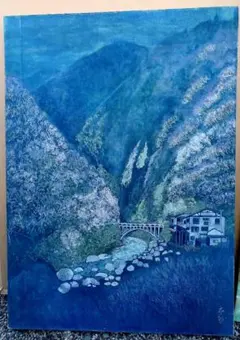 日本画 山間風景 渓流とアーチ橋 青を基調とした色彩 - メルカリ