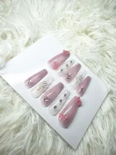 【現品】ジェルネイル ハンドメイド ネイルチップ ピンク クリア グリッター