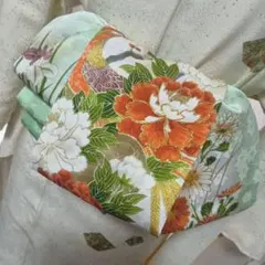 長尺大人の兵児帯ハンドメイド澪No2334着物リメイク正絹花柄 緑 赤 白 金色