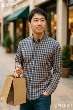 [未使用タグ付]POLO チェックシャツ メンズL ネイビー×ベージュ 秋色