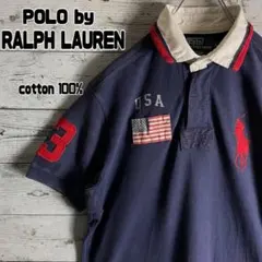 ポロバイラルフローレン　90s　ポロシャツ　ビッグポニー刺繍ロゴ　L相当　紺
