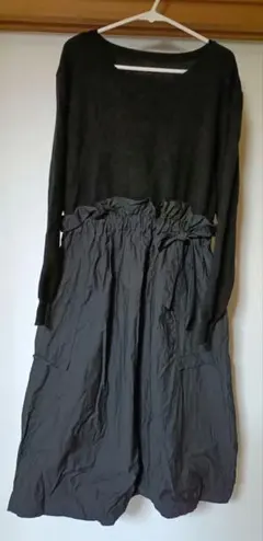 黒　ロング　切り替えニットワンピース フリーサイズ