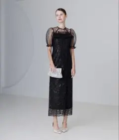 LEJA】ドットチュールフラワースパンコールIラインドレスワンピース