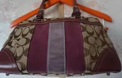 COACH シグネチャー 茶 ピンク キャンバス レザー ミニボストンバッグ