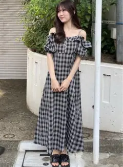 GRL グレイル　チェック柄オフショルダーフレアワンピース