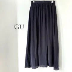 GU ネイビー フレア ロングスカート M ウエストゴム 裏地あり 光沢
