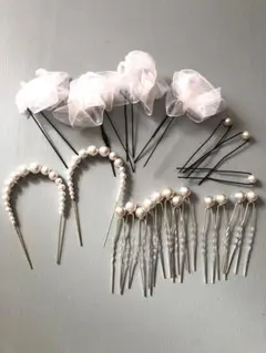 ヘッドドレス ヘアピンセット 髪飾り ブライダル パール リボン　前撮り