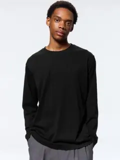 新品★GU ソフトコットンクルーネックT 【長袖】●L●ブラック●ユニセックス●