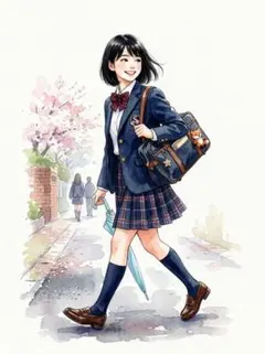 c1204_黒髪ボブと紺色の制服姿の人物 桜咲く通学路を描いた淡彩水彩画調インテ