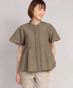 【春夏セール！7月まで】コットンナイロンハシゴレース 半袖ブラウス　カーキ　Lのサムネイル