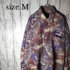 総柄　花柄　長袖シャツ　M レトロ　古着　ゆるダボ　赤　青　緑　日本製