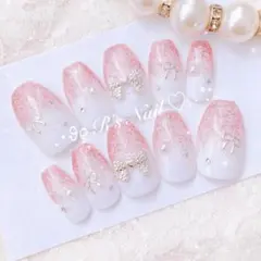 ネイルチップ ラメグラ フレンチガーリー ワンホン 量産型 韓国 りぼん ピンク