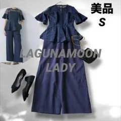 ラグナムーン LADYジャガードペプラムパンツドレス ネイビー　オケージョン