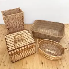 かご4点セット　バスケット　天然素材　収納　ピクニック　カゴ　脱衣かご