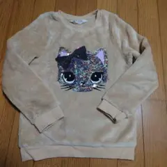 H&M ベージュ 猫顔 スパンコール トレーナー UK 6-8Y 130サイズ